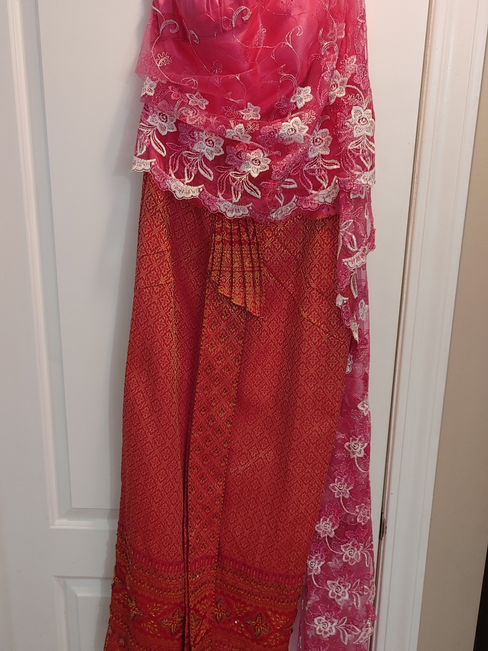 Pink And Gold Traditional Thai Chakri Dress With Attached Embroidered Sabai Sash